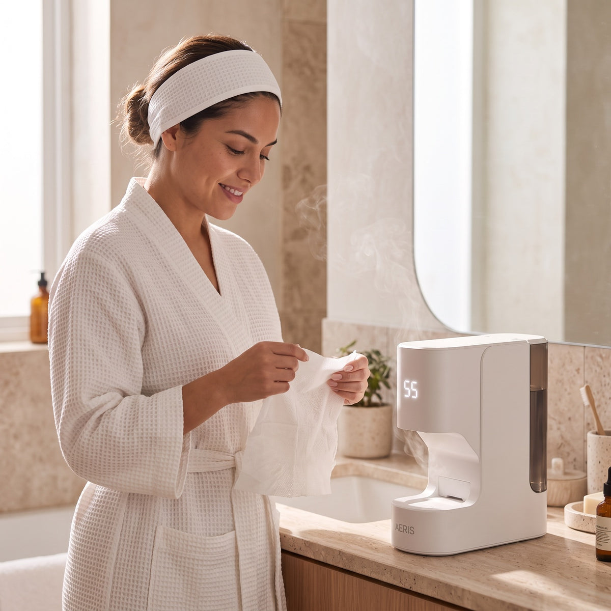 Mujer desdoblando una toalla de Aeris en el baño
